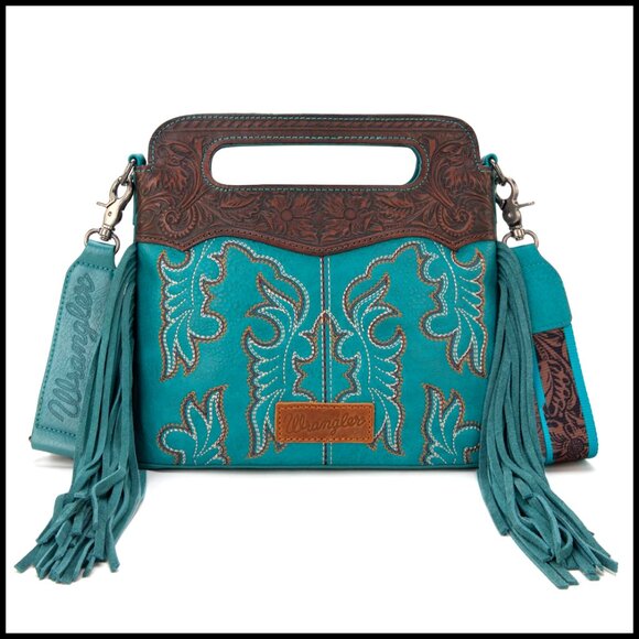 Western Fringe Crossbody Bag with Top Handle Embroidered Tooled Pattern
